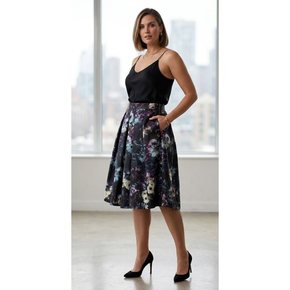 Pink Tartan Satin‎ Pleated Floral Midi Skirt Size 12 Large Black Purple Pockets